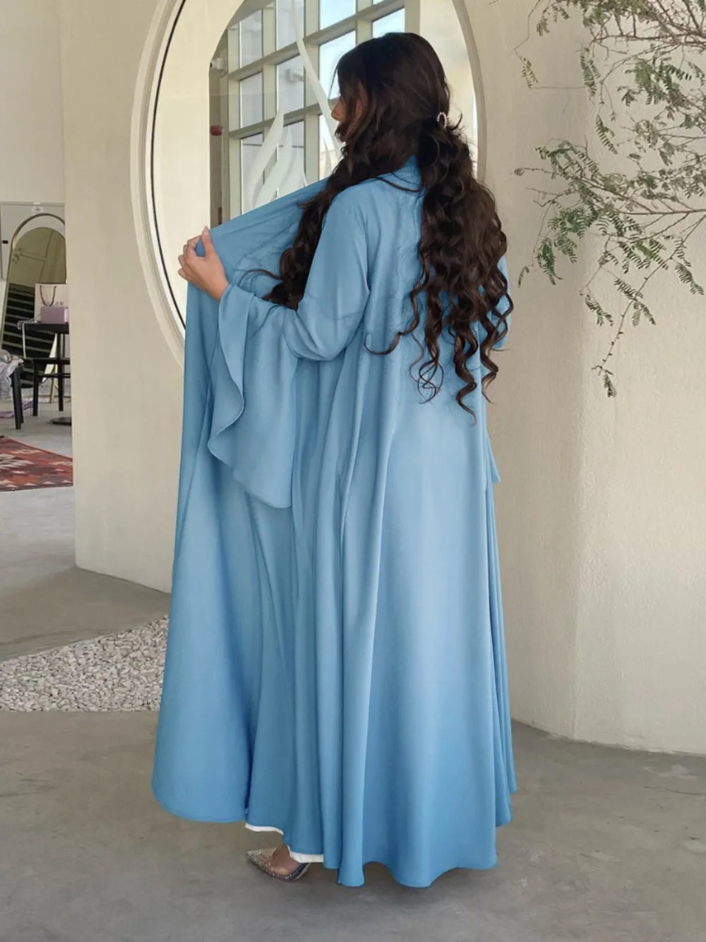 Cárdigan Abaya para mujer, vestido de fiesta marroquí, manga con volantes, Vestidos musulmanes sólidos, caftán Eid, bata larga de noche