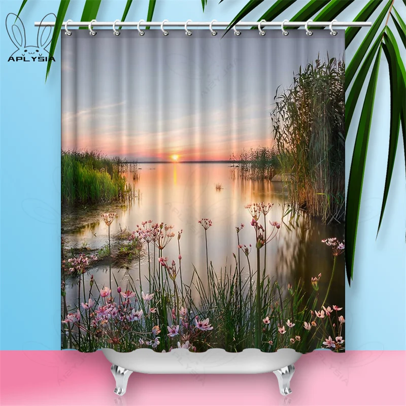 Aplysia Jungle Shower Curtain Deep Forest with Wooden Pier and River Refreshing Exotic Nature Wild in Beautiful Sunset Light