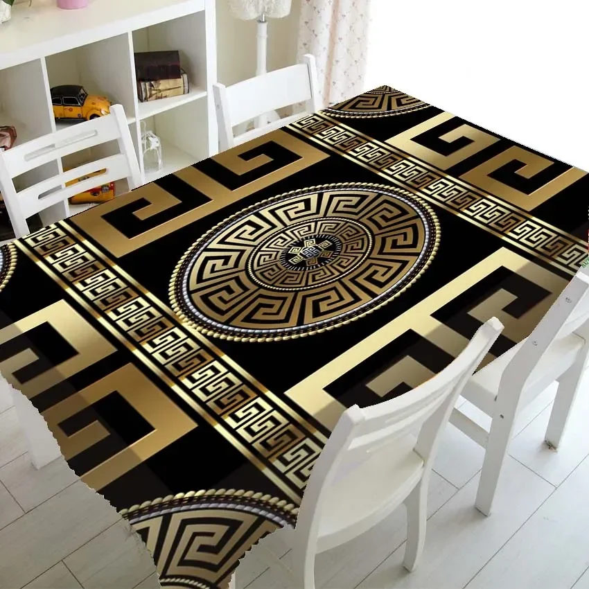 Elegant Black Gold Greek Key Pattern Waterproof Tablecloth for Dining Room Home Decor Table Cover