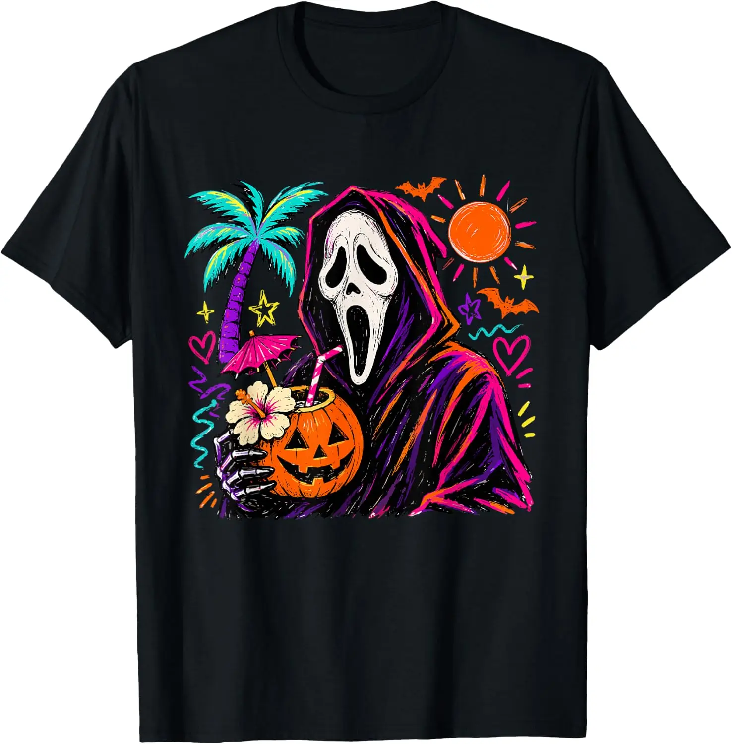 Summerween Ghost Halloween Jack O Lantern Pumpkin Cocktail T-Shirt 100% Cotton Trendy Y2K Short-Sleeve Tee – Soft, Quick-Drying,