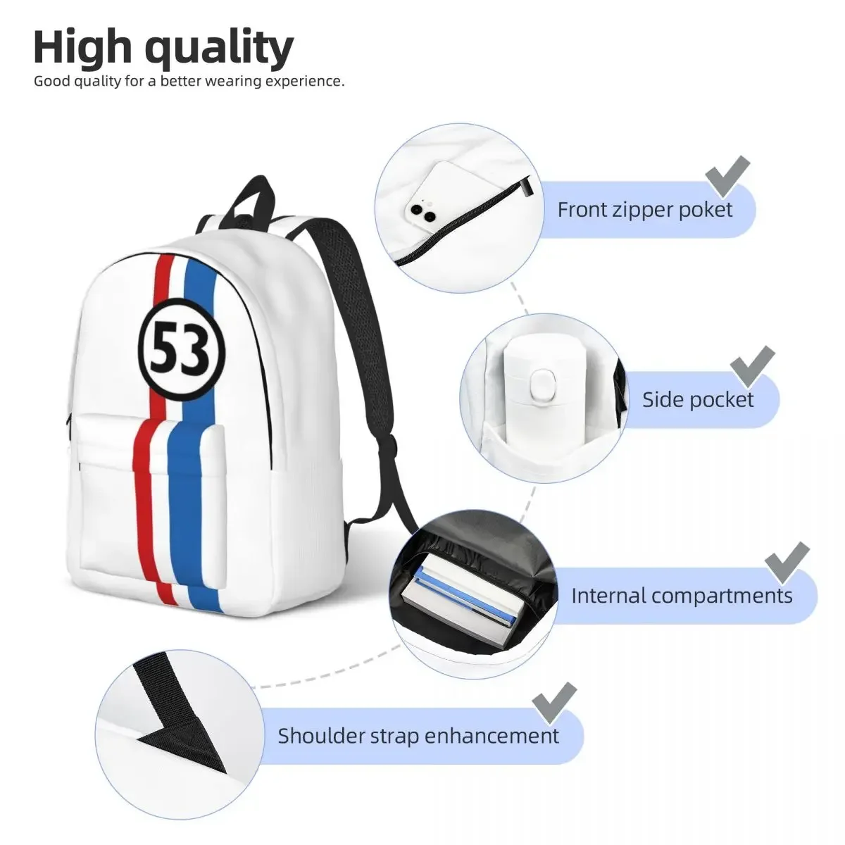 Herbie 53 Old Car Race Racing for Teens Student School Bookbag Canvas Daypack Middle High College Shoulder Bag for Hiking