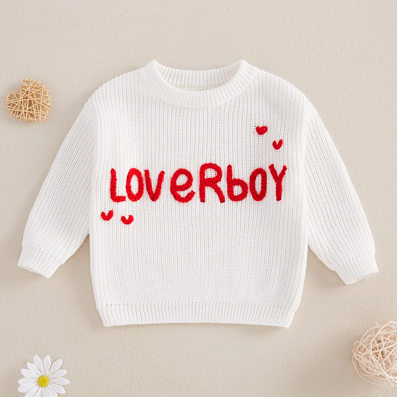 Baby Boy Sweaters Long Sleeve Round Neck Letter Embroidery Knit Pullovers Valentine’s Day Tops for 0-4 Years