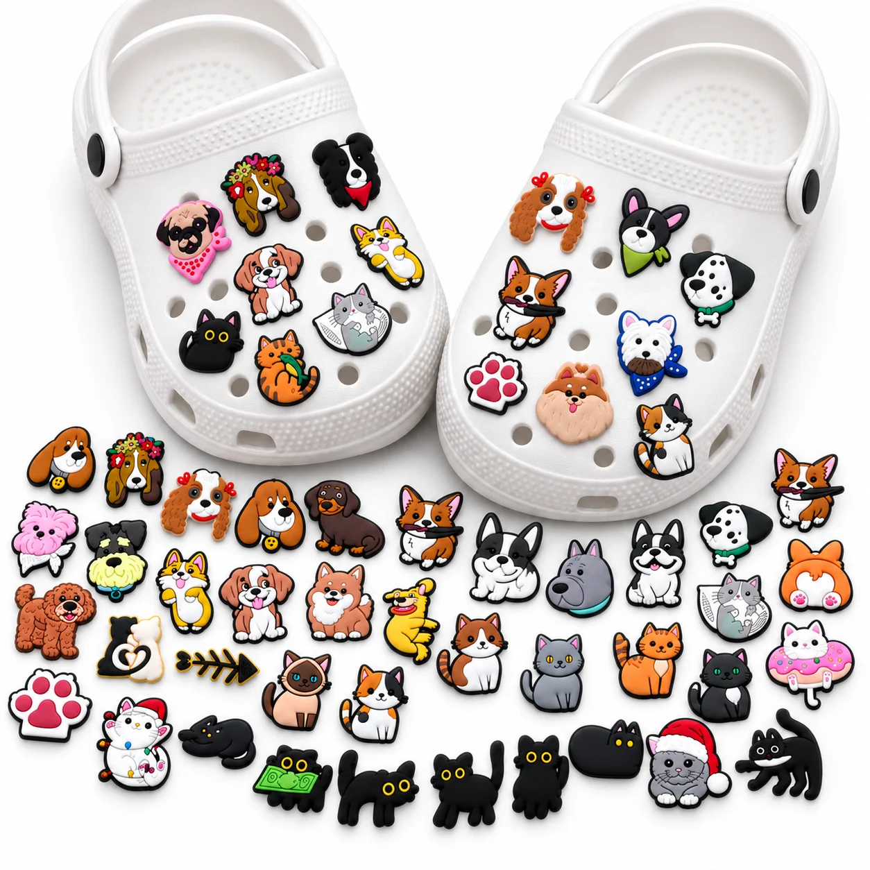 50pcs Cute Cat Dog Shoe Charms Set Puppy Kitten PVC Pins for Clogs Pet Lover Accessories Gift for Girls Women Teens Shoe Buckles