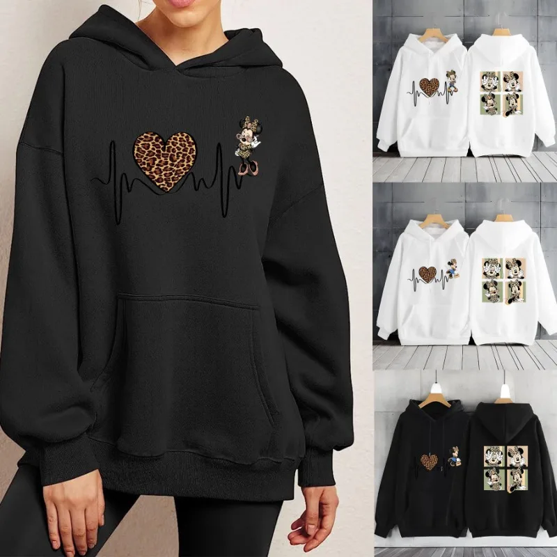 Disney Minnie Mouse Leopard Heartbeat Hoodie Y2k Clothes Long Sleeve Women\'s Sweatshirts Hooded Shirt Women\'s Sweater Hoodie