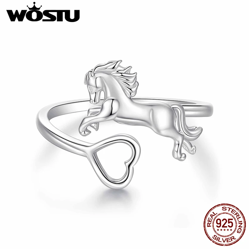 

WOSTU Solid 925 Silver Lovely Horse & Heart Open Ring For Women, Original Animal Style Statement Rings Unique New Year Gift
