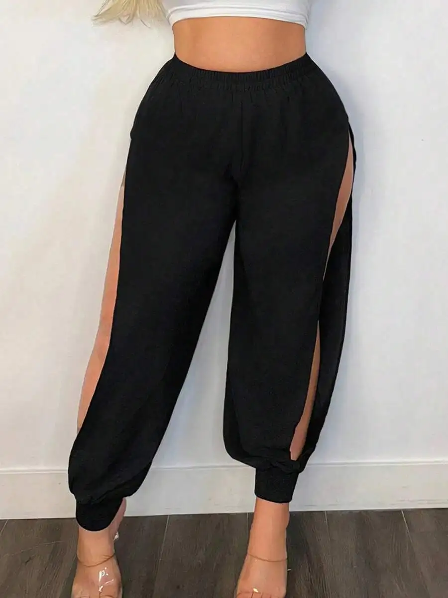 

High Waist Black Harem Pants With Side Slit For Women