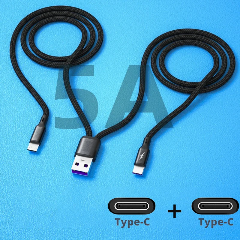 2-in-1 Data Cord Splitter 5A Type C Charge Cable Fast Charger for Xiaomi Huawei 67W PD Type-C 2 Ports Data Quick Charging Cord