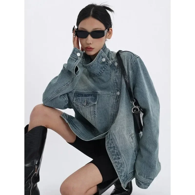 

Women's Denim Coat Turtleneck Single Breasted Full Sleeve Patchwork Versatile Jacke Fashion Autumn Streetwear Denim Overcoat