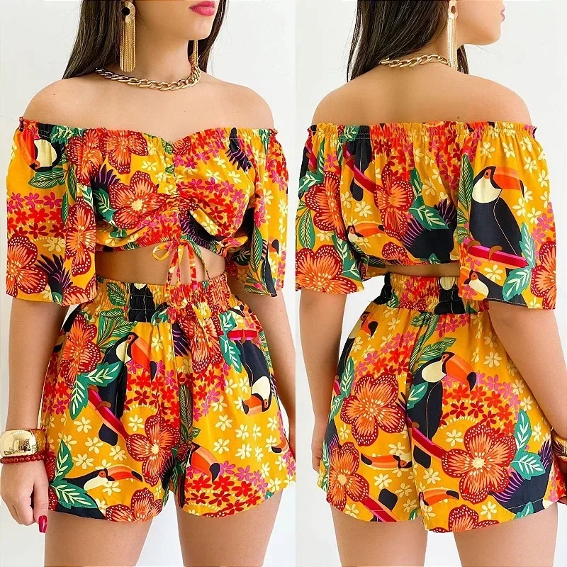 Shorts 2 Piece Set Woman Outfit 2024 Summer Plant Print Fashion Versatile Off Shoulder Drawstring & Casual Tops Suits for Female