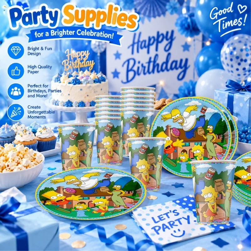 Das Simpsons Happy Birthday Party Dekorations- und Tischgeschirr-Set, bestehend aus Teller, Bechern und Servietten mit Cartoon-Motiven, ist praktisch, langlebig und ein Bestseller. – Detail 4