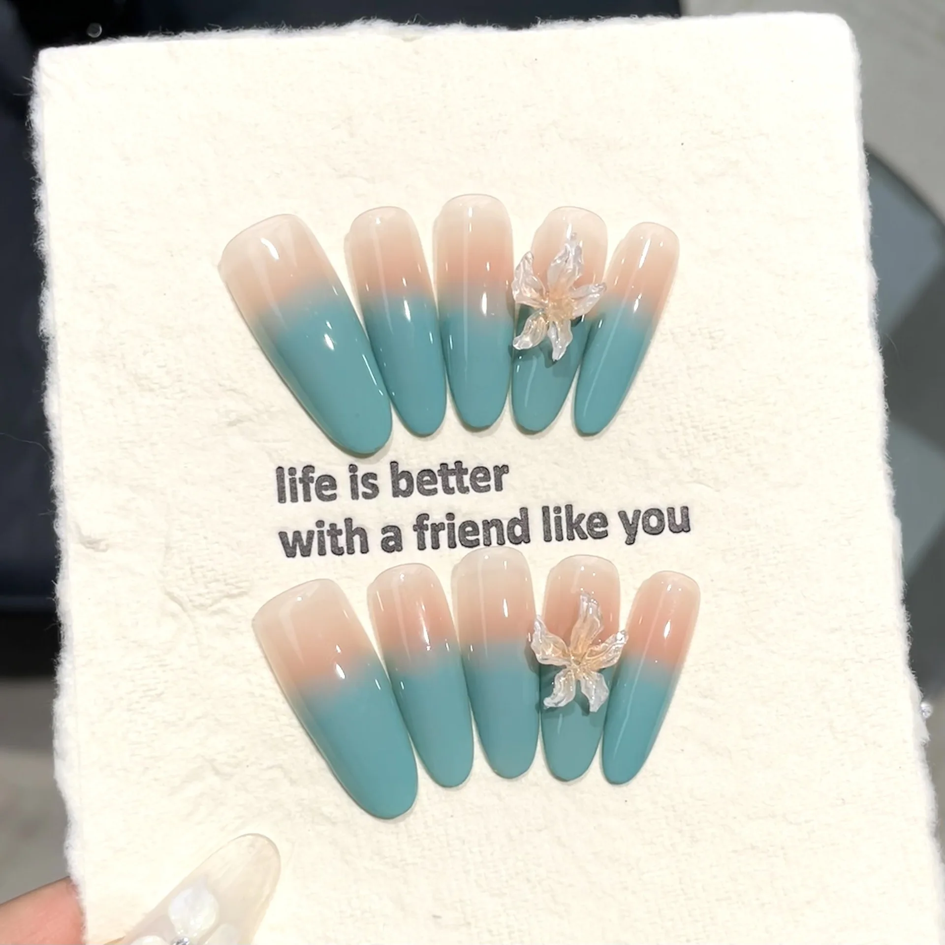 

10pcs Handmade French Long Press On Nails Mint Green Gradient 3D Carving Flowers Design Fake Nails Wearable Nails Art Tips Girls