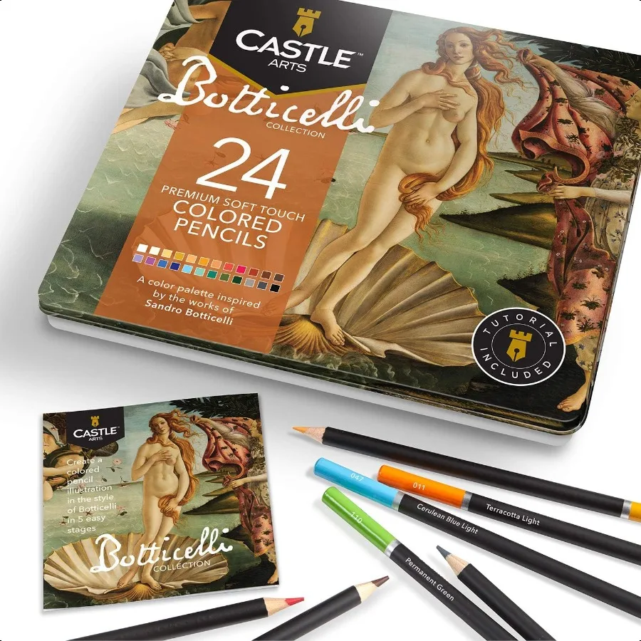 

Castle Arts Themed 24 Coloured Pencil Set in Tin Box Perfect Botticelli Inspired Colours. Featuring Quality Smooth Coloured Cor