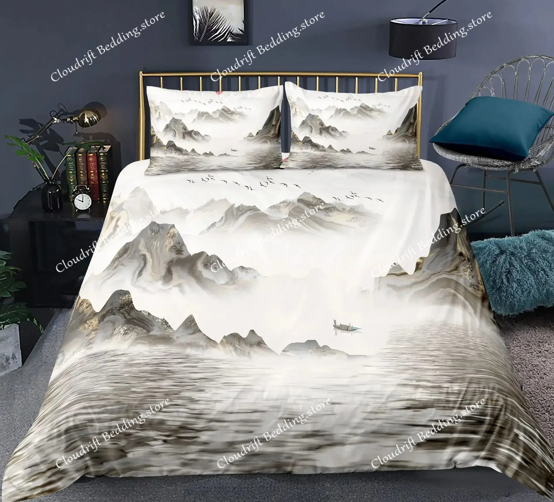 Nature Landscape Duvet Cover KingQueen Size,Chinese Ink Painting Style Bedding Set Mountain River Polyester Quilt Cover
