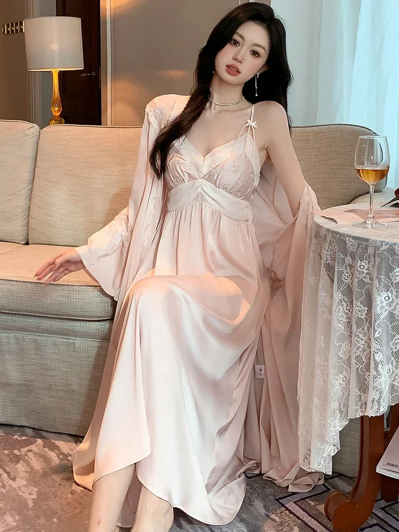 French Silk Pajama Robe Night Dress Women Summer Sexy Strap Dress Two Piece Set Morning Robe Spring Autumn Pajamas Homewear