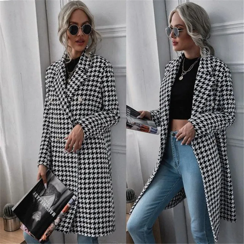 

Women's Long Plaid Print irt Jaet Autumn Winter Commute Sle Double ket Woolen Coat Medium Length Double Button