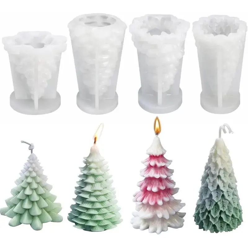 AB42-For DIY Candle Making 4PCS Christmas Tree Silicone Molds 3D Christmas Tree Shape Candle Molds, Holiday Crafts