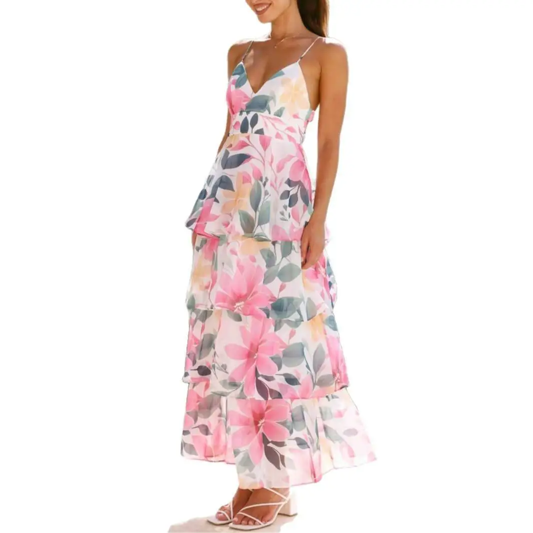 カジュアルな花柄プリント レディース サマー スプリング オフショルダー ストラップ ハイウエスト Aラインスカート クロスボーダーブランド