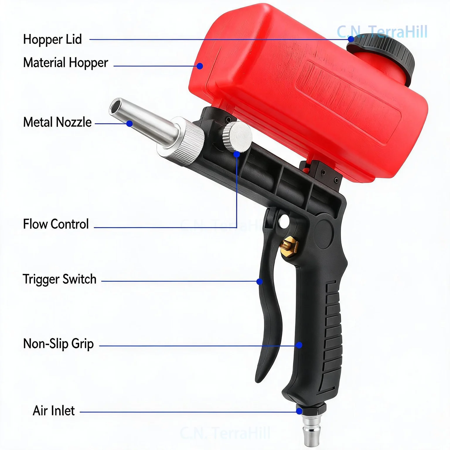 Portable Pneumatic Sandblaster Gun, Handheld Air Sandblasting Tool for Rust Paint Removal, Red Blue Black, Mini Sand Blaster Gun