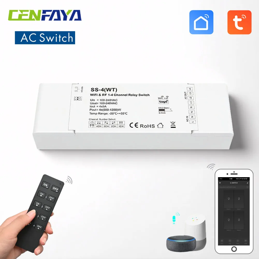 WiFi & RF 1-4 Channels AC Switch Tuya APP Voice Smart Controller 230V 220V Power 1200W Match With 4 ZONE RF 2.4G Remote Control