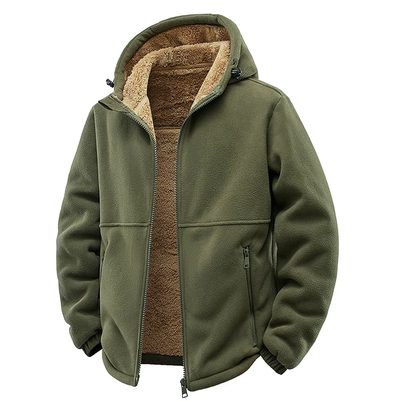2025 Man Plush Jacket Autumn Winter Simple Solid Color  Zipper Male Hooded Coat Long Sleeve Loose Outdoor Sport Men Outerwear