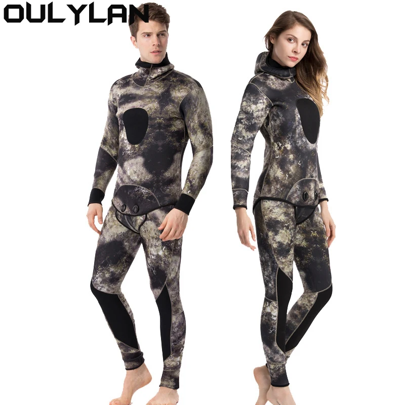 Oulylan 2 Pieces Wetsuit Men 5mm 7mm Neoprene Spearfishing Scuba Diving Suit Camouflage Keep Warm Fishing Suit Surfers