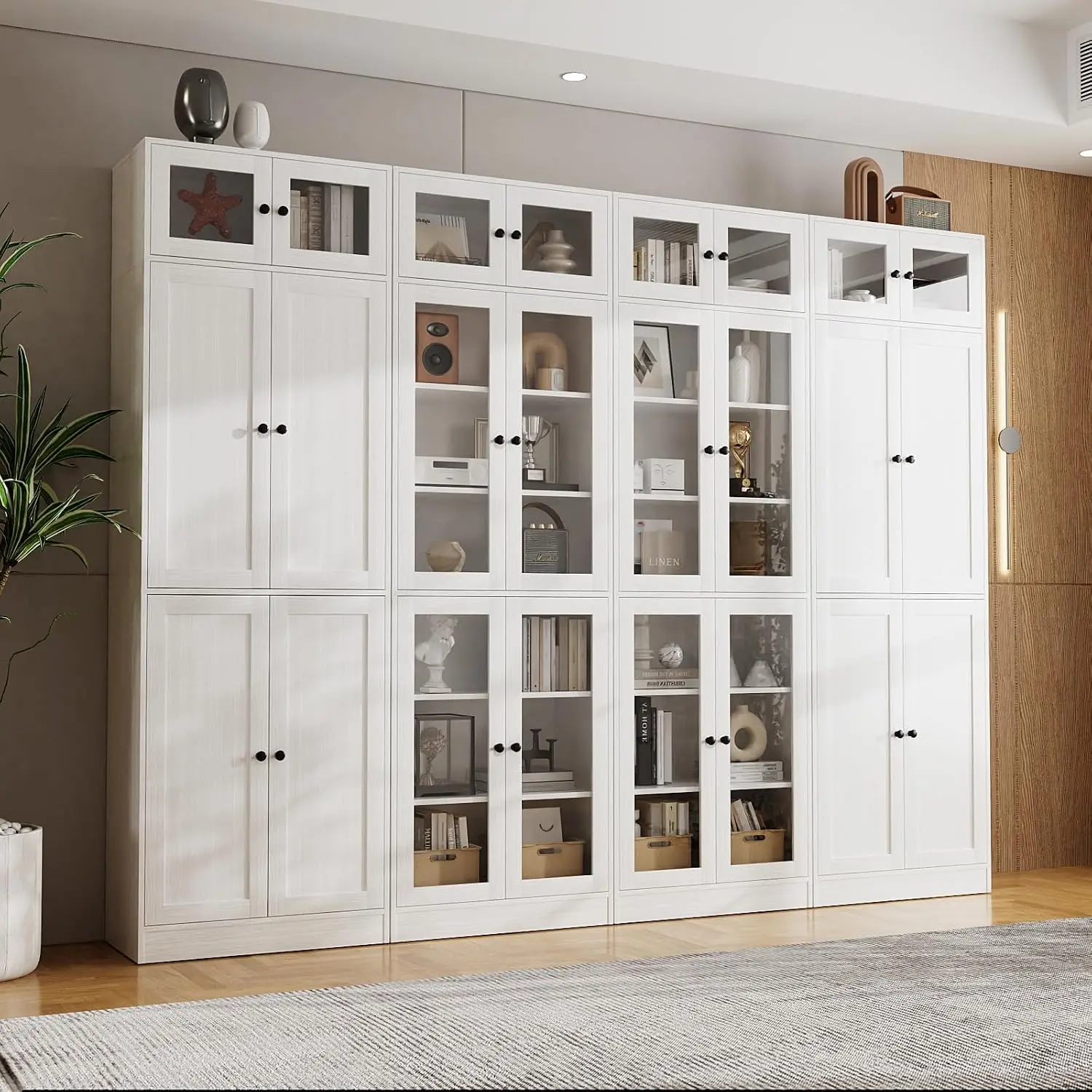 85.5" Tall Wooden Bookshelf, Storage Cabinet with Glass Doors, 7 Tier Bookcase for Living Room, White Pantries with Doors and Sh