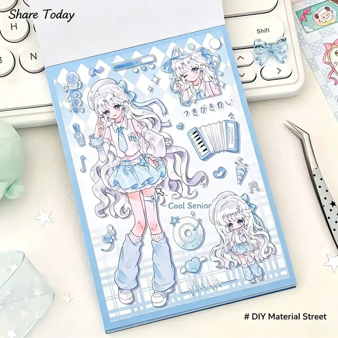 Korean Kawaii Ins Style Fresh Blues Girl Cartoon Sticker Book DIY Collage Handmade Retro Decoration Material Sticker Book Gift