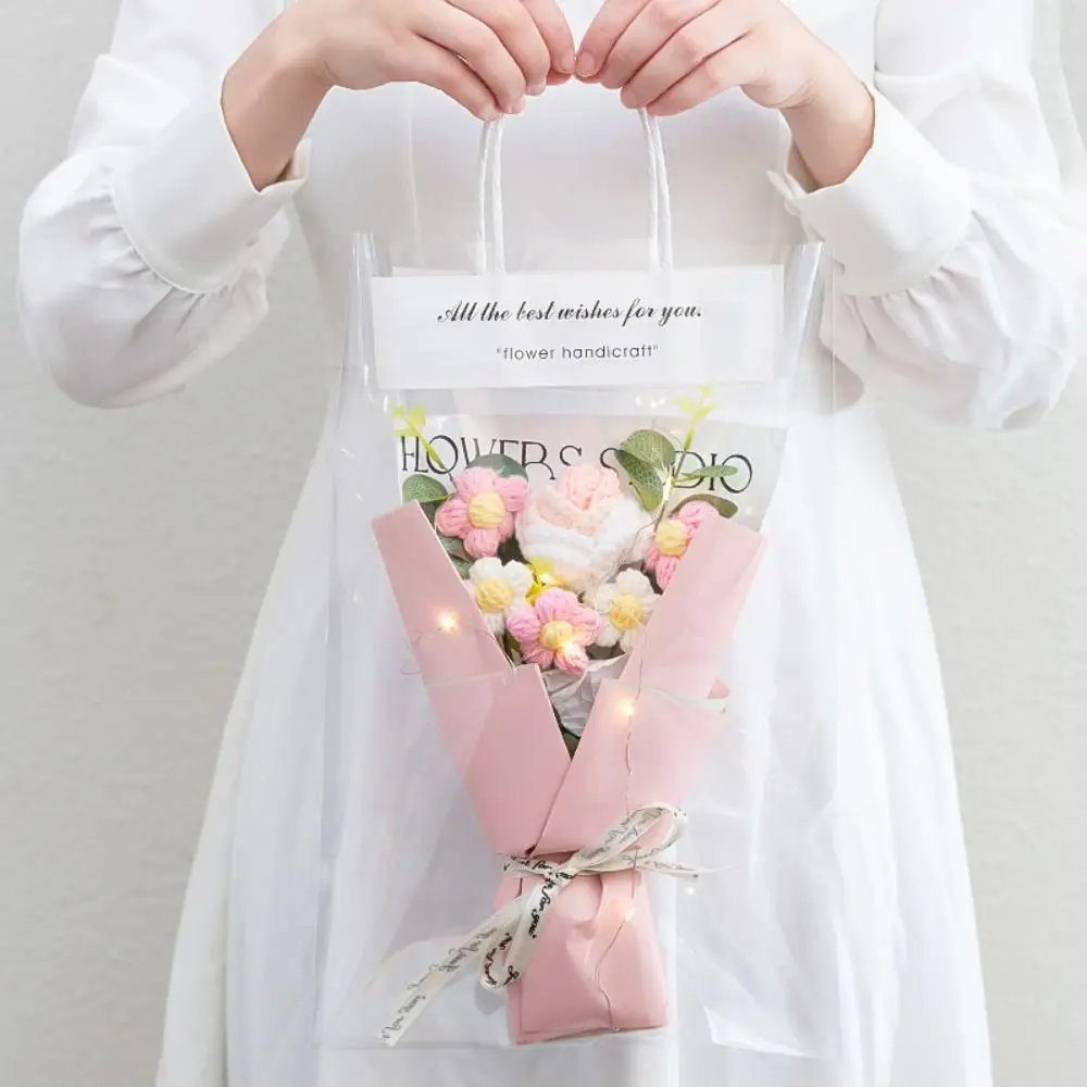 Handcrafted Crochet Flowers Bouquet with Gift Bag LED Lamp String Graduation Flower Bouquet Beautiful Handmade