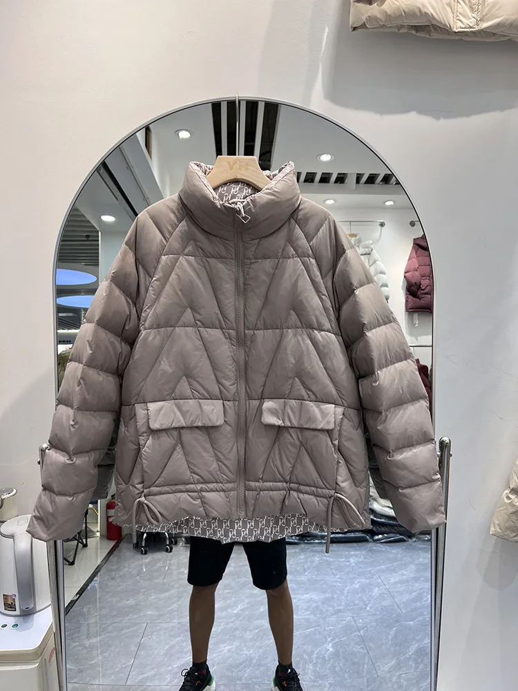 冬軽量ダウンジャケット無地ファッションカジュアルルーズエレガントな女性スタンドカラーホワイトダックパファーコートアウター
