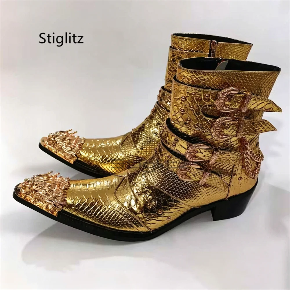 Belt Buckle Chain High Heel Chelsea Boots for Men Metal Pointed Dragon Toe Genuine Leather Trendy Party Dress Wedding Shoes