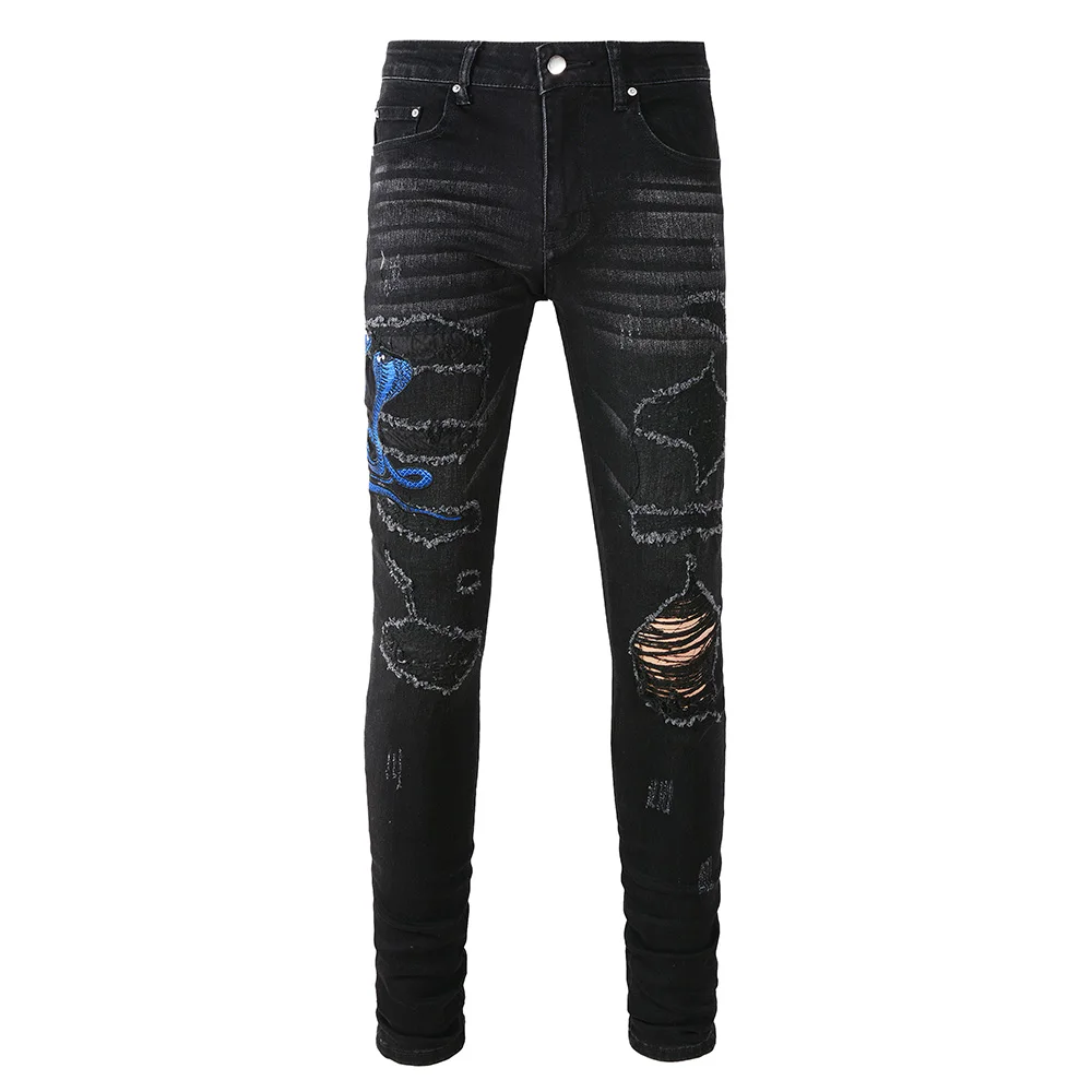 

Men Royal Blue Snake Embroidery Jeans Streetwear Holes Ripped Black Stretch Denim Pants Skinny Tapered Trousers