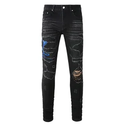 Men Royal Blue Snake Embroidery Jeans Streetwear Holes Ripped Black Stretch Denim Pants Skinny Tapered Trousers