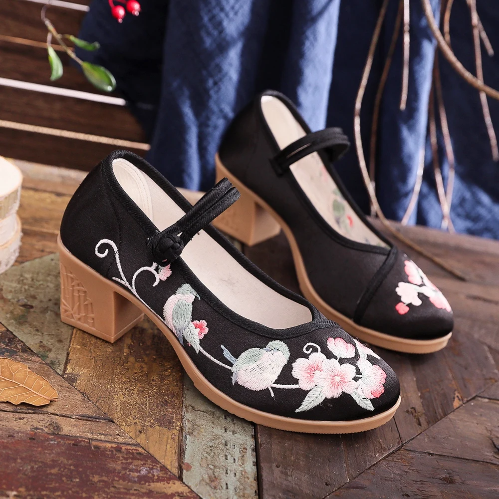 Veowalk Women Satin Embroidered 6cm Block Heel Shoes Comfortable Elegant Ladies Casual Mary Janes Chinese Style Shoes Black Pink