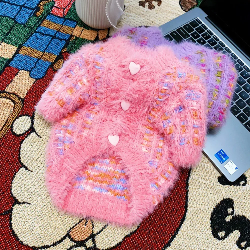 

Adorable Long-Haired Pet Sweater Heart-Shaped Buttons Soft Warm Cats Dog Knitted Coat
