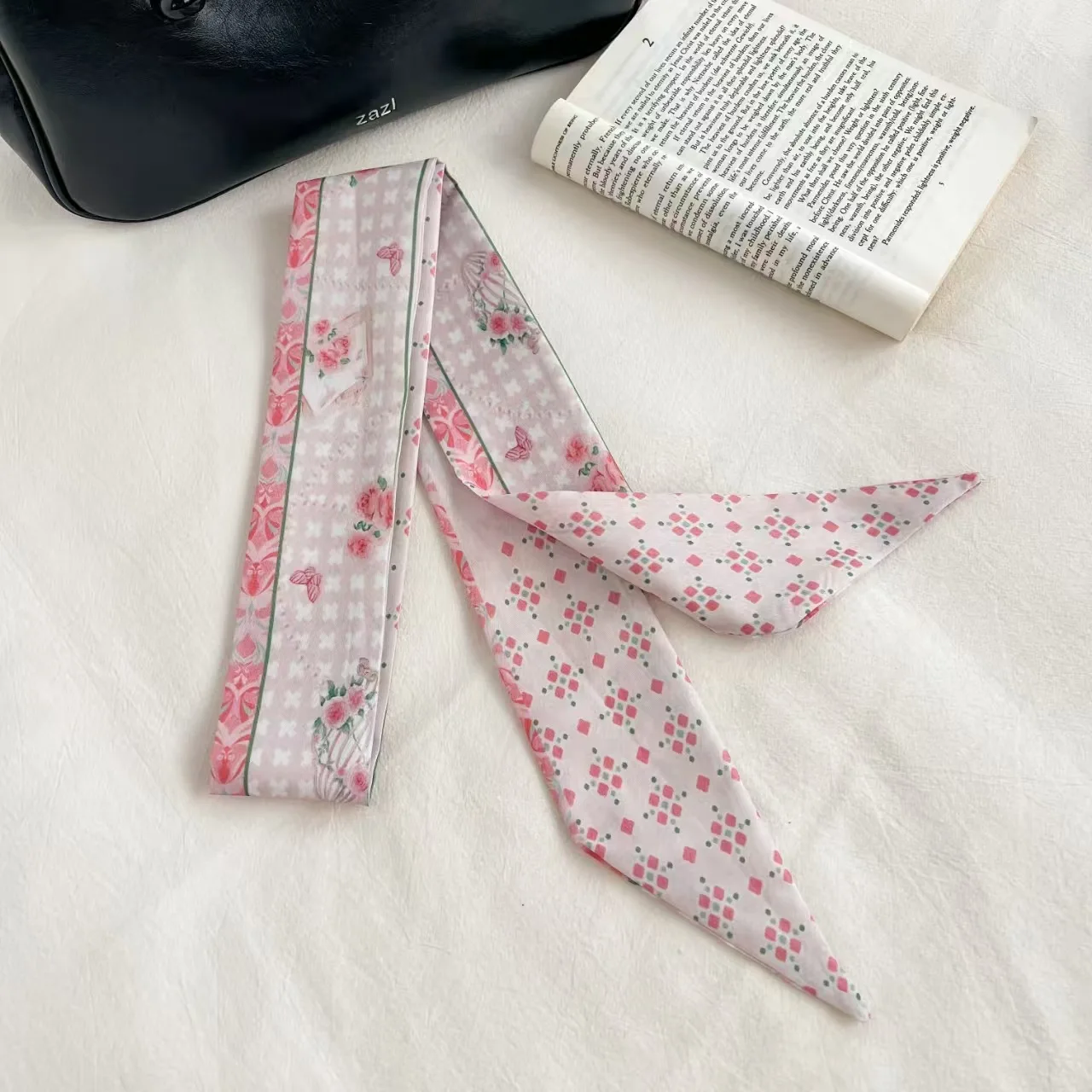 Scarf Floral Print Long Skinny Lightweight Satin Multifunctional Neck Wrap Hair Band Bag Strap Belt Decor Women Casual Commute