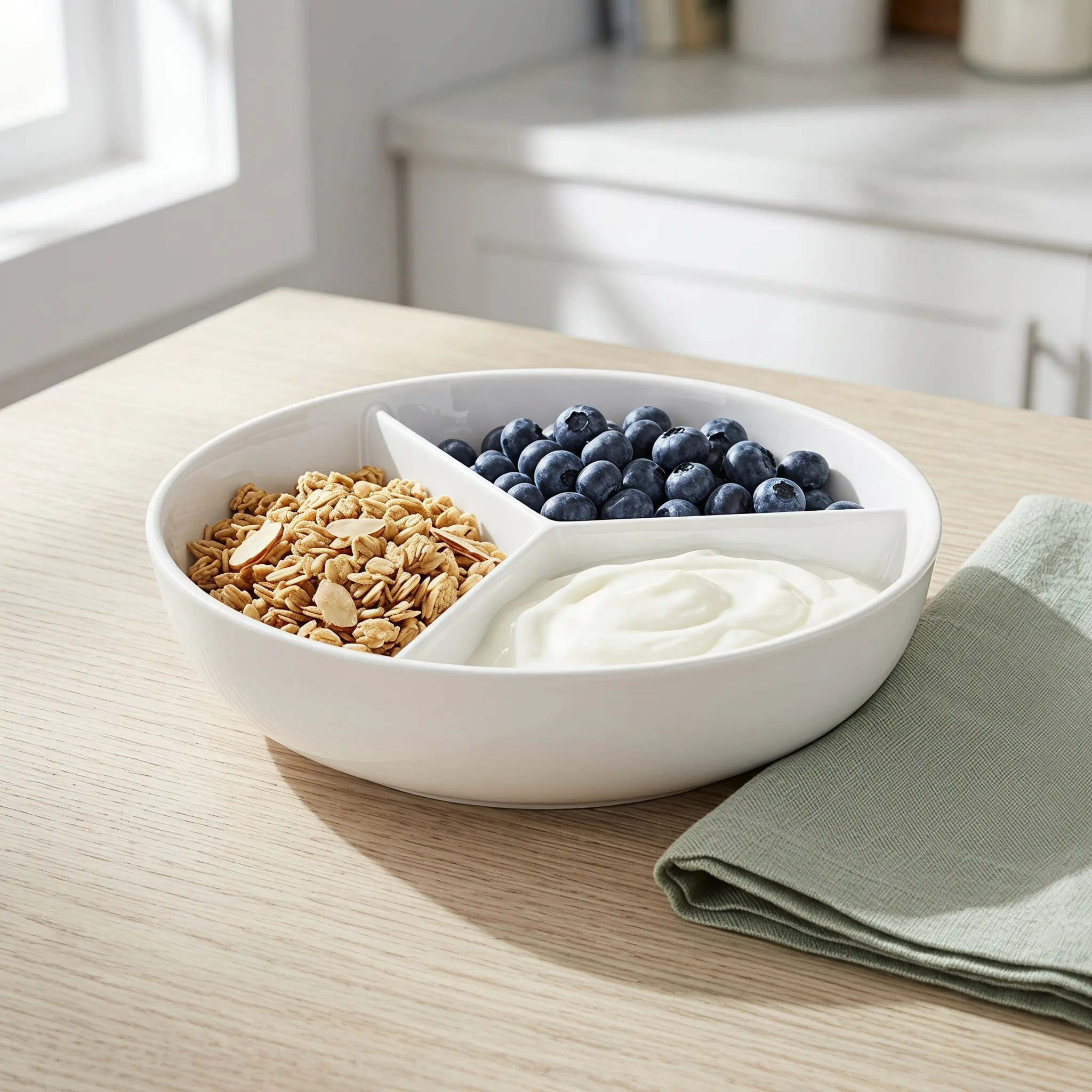 Ceramic 3 Section Divided Bowl Anti- and Milk Bowl Microwave Oven Safe Buffet Serving White 6.7 Inch