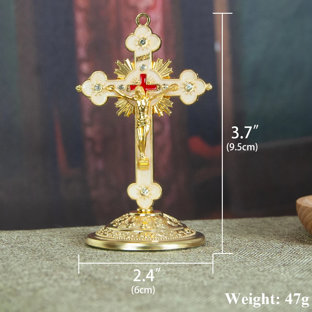 HTISOK Orthodox Church Cross Zinc Alloy Gold Plated Jesus Crucifix Cross Christian Decor With Base Religious Craft Gift With Box