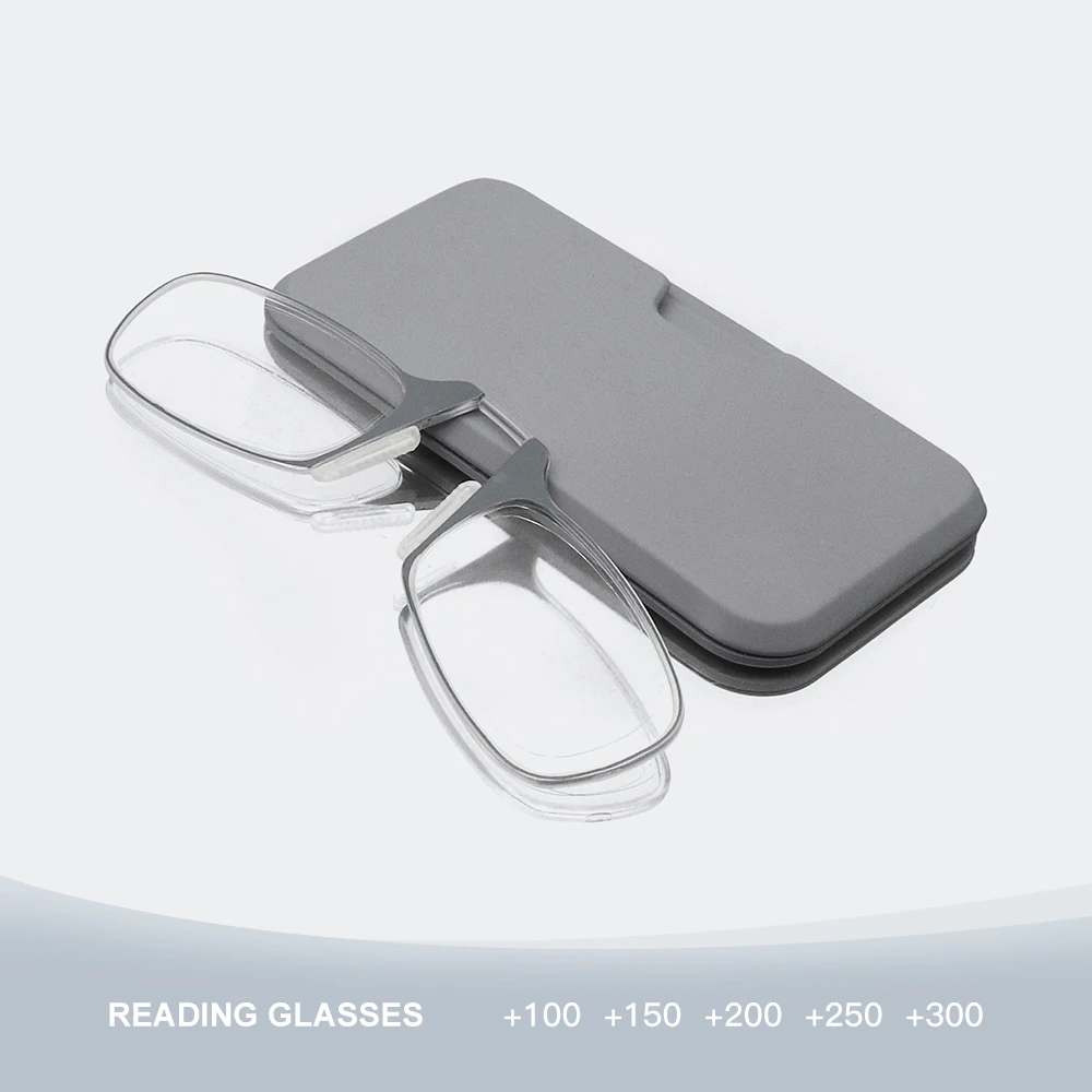 

Armless On-Nose Reading Glasses - Slim Printed Case Attaches to Phone or Fits in Wallet Nose Clip Reading Glasses