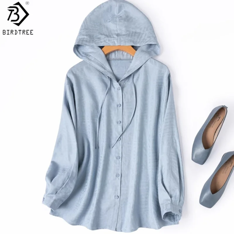 Birdtree, 100% Silk Jacquard Blouse, Spun Silk Loose Tops, Women's Hooded Full Sleeve Blue Shirt, 2026 Spring New T62004JF