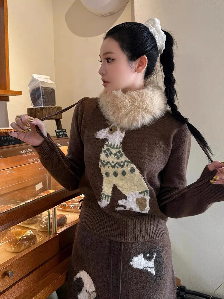 

Модный комплект Y2K в стиле миллениум: вязаный свитер с милым японским ретро-пёсиком и юбка средней длины для женщин