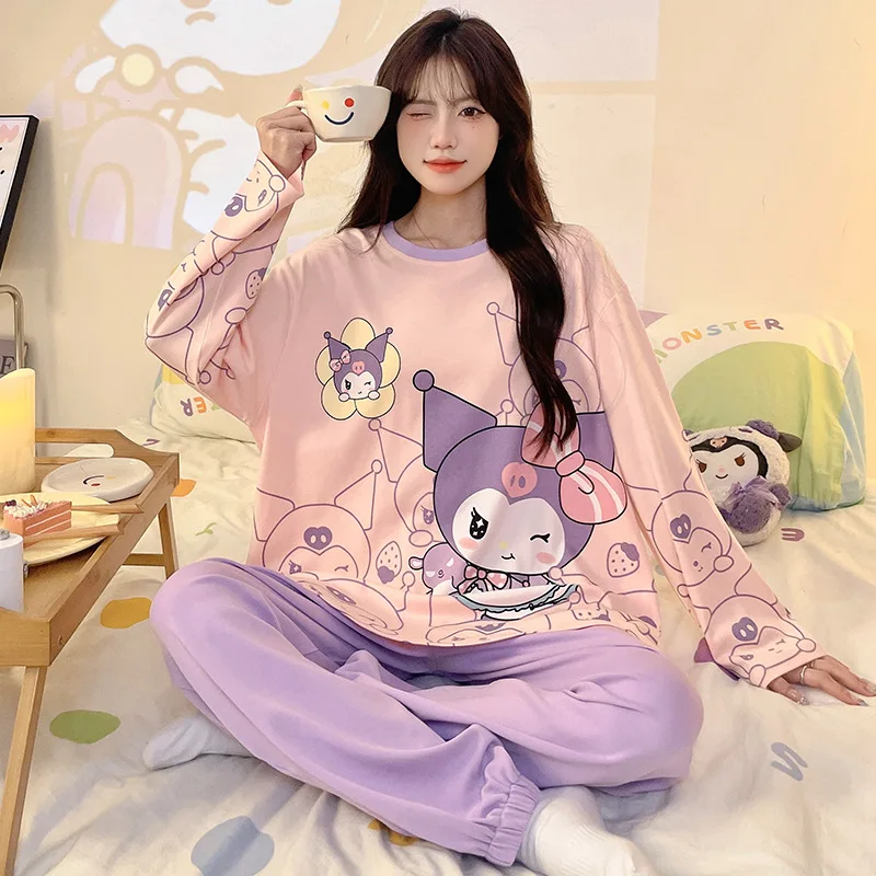 Cartoon Sanrio Yugui Dog Pajamas Autumn Crew Neck Cotton Long Sleeve Pants Two-piece Women\'s Pajamas Strawberry Bear Loungewear