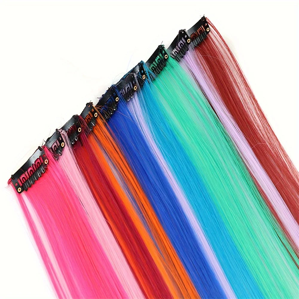 1PCS Colored Long Straight Clip-in Hair Extensions wigs Y2K rainbow Highlights Synthetic wigs Hairpieces DIY Cosplay party hairs