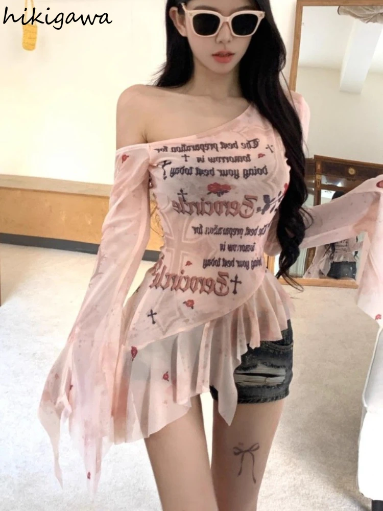 Sexy Y2k Top T Shirts Women Off Shoulder Flare Sleeve Tunic Tees Tunic Gauze Camisetas Ruffles Irregular Crop T-shirt Ropa Mujer