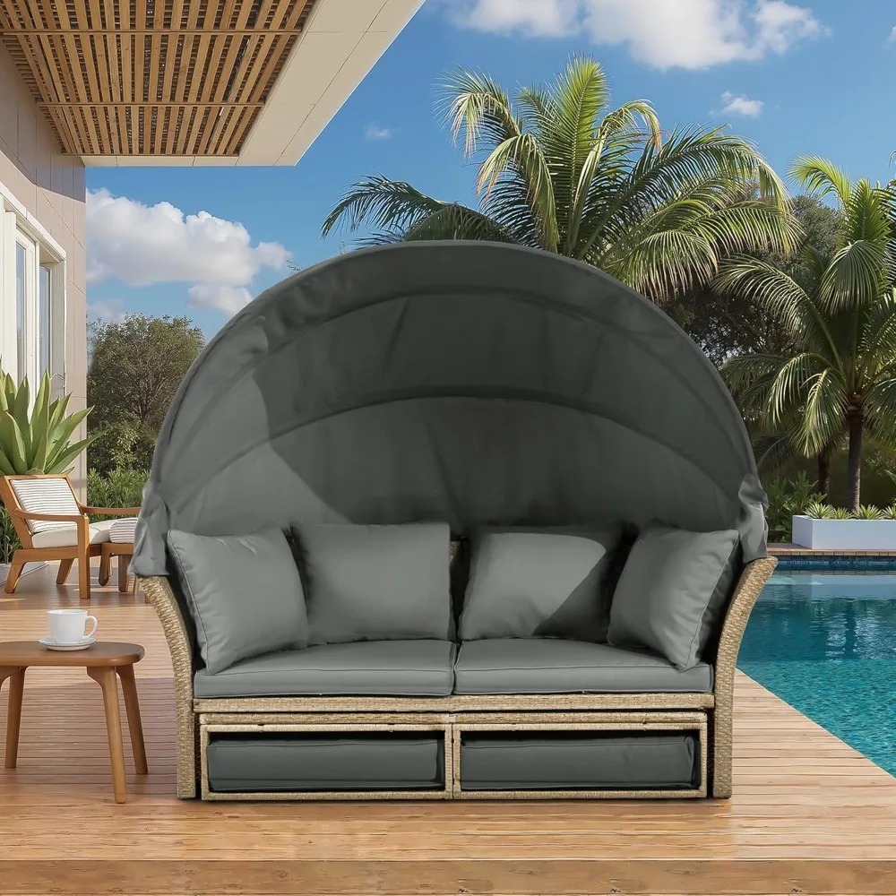 

Patio Daybed Outdoor Canopy Bed with 4 Pillows, Wicker Rattan Double Sofa Set featuring Retractable Canopy