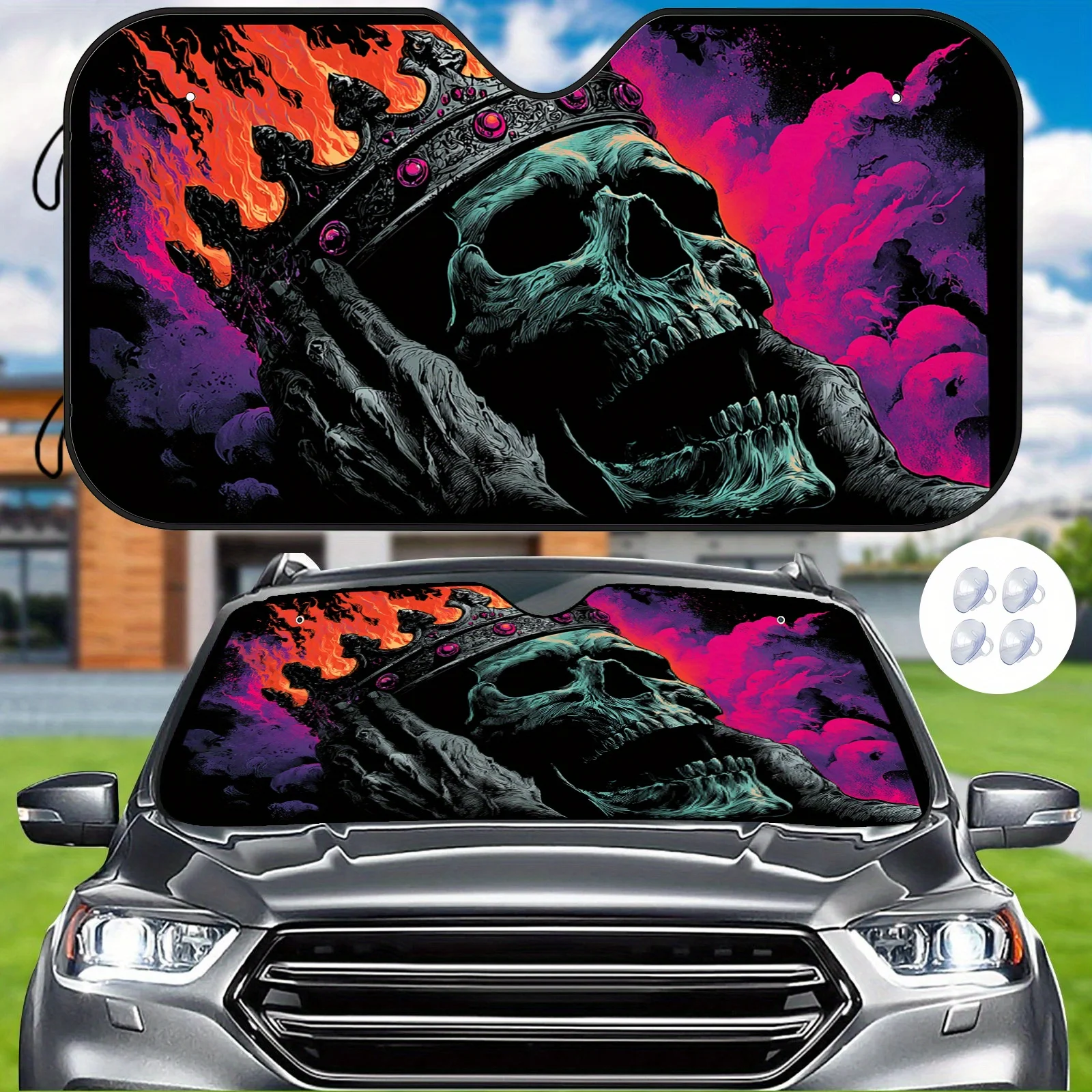 Flame Skull King Crown Car Sunshade - Universal Front Windshield Sun Protector With Easy-Click Clasps, Vibrant Purple & Orange D