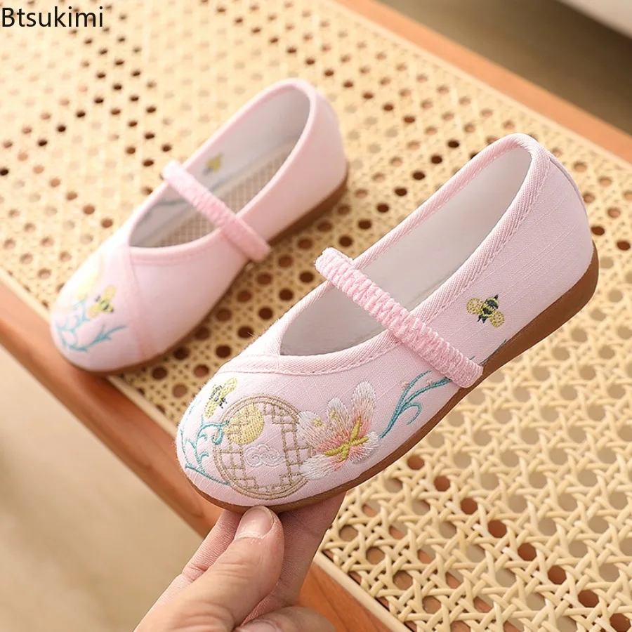 New Children Hanfu Flat Shoes Ethnic Chinese Style Kids Embroidered Cloth Shoes Retro Soft Girls Princess Ancient Dress Up Shoes