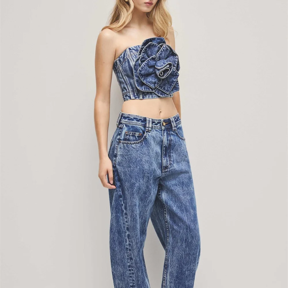 2026 Summer Women's Denim Bandeau — Pure Cotton, Appliqué, Corset-Style, Sexy Women's Vest — Y2K New Fashion, Versatile Top bra