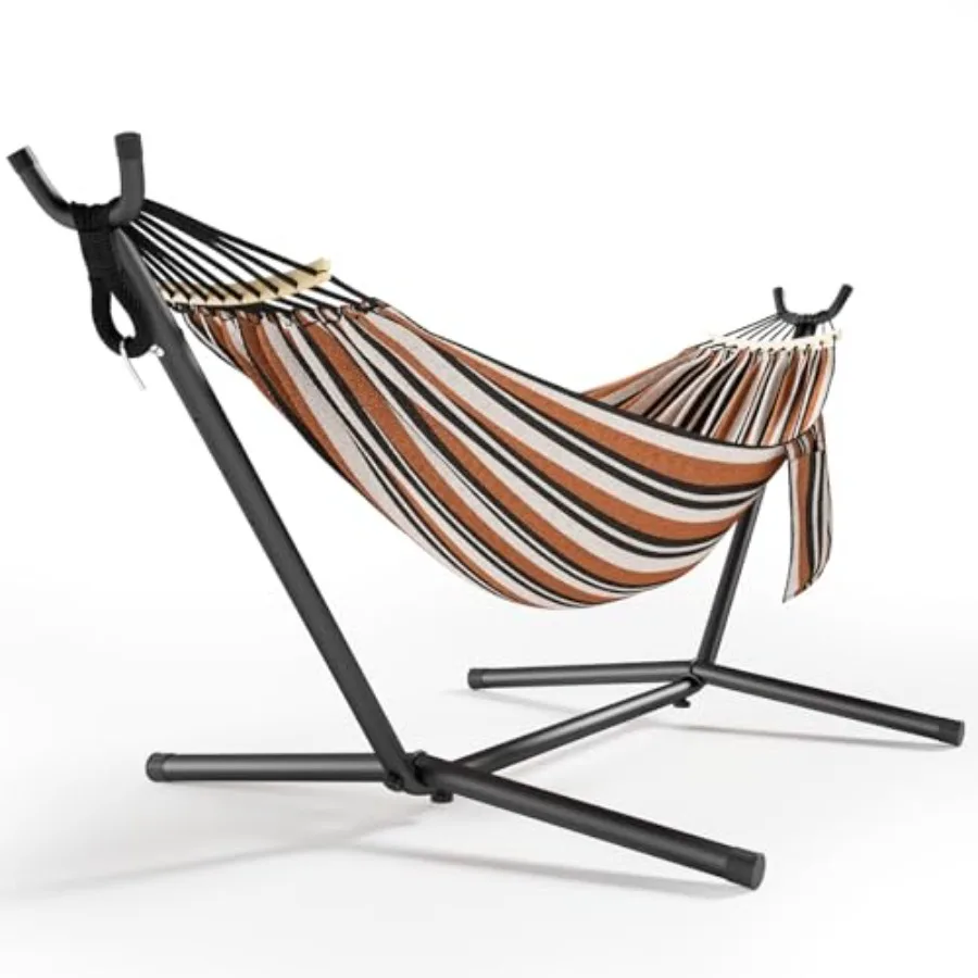 

600lbs Outdoor Indoor Portable 2 Person Hammock with Stand Wooden Bar and Side Storage Carrying Bag Brown Black
