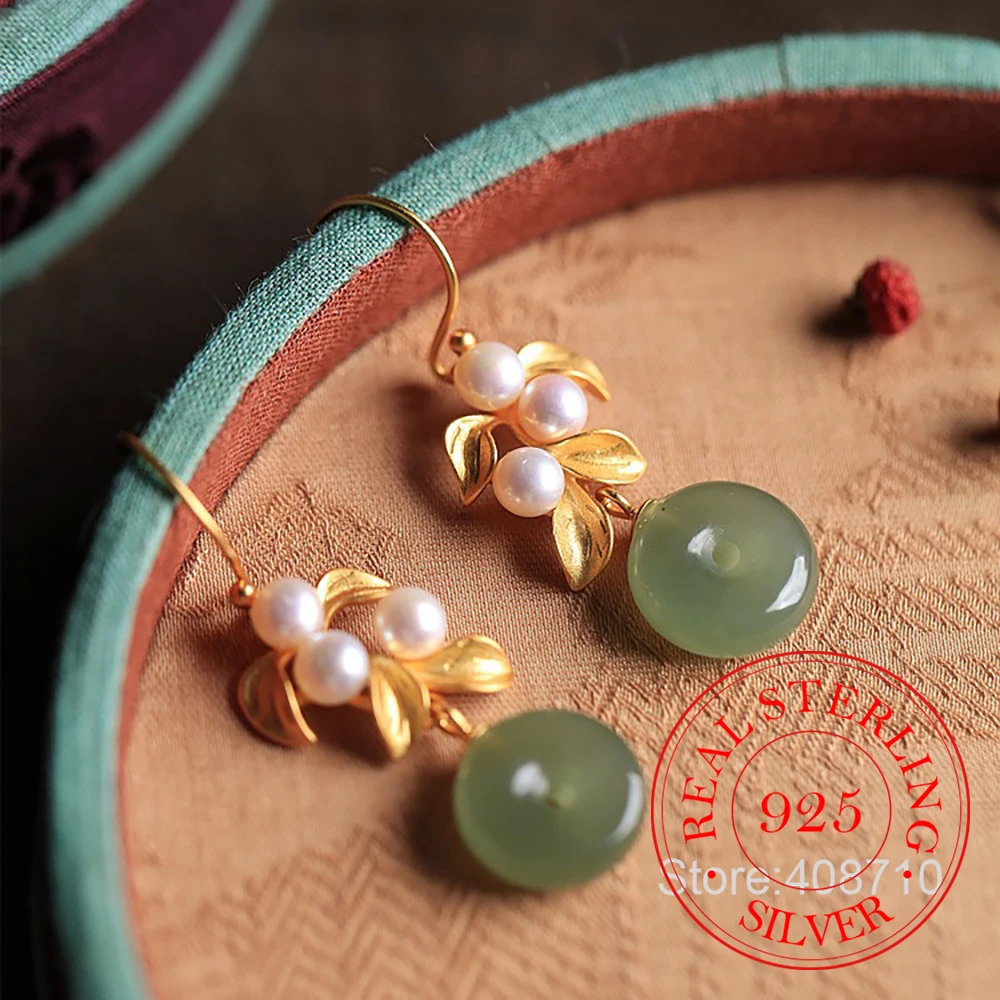 

Серьги-подвески из стерлингового серебра 925 пробы с позолотой 18 карат, в форме растений и жемчуга, для женщин, свадебные украшения, подарок для девушки или подруги