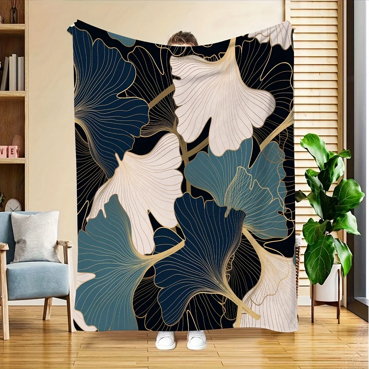 Golden Leaf Flannel Blanket Dark Blue Beige Ginkgo Design Soft Warm Tear Resistant All Season Throw for Living Room Bedroom